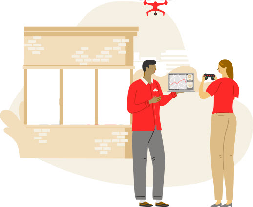 Illustration of State Farm claims team using a drone to review property damage