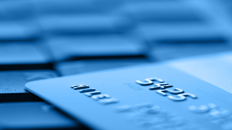 Paying a credit monitoring service on a laptop with a credit card.