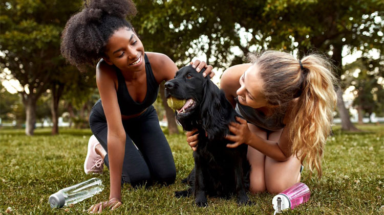 Two young women playing with their rescue dog.