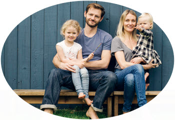 family of four sitting on a bench